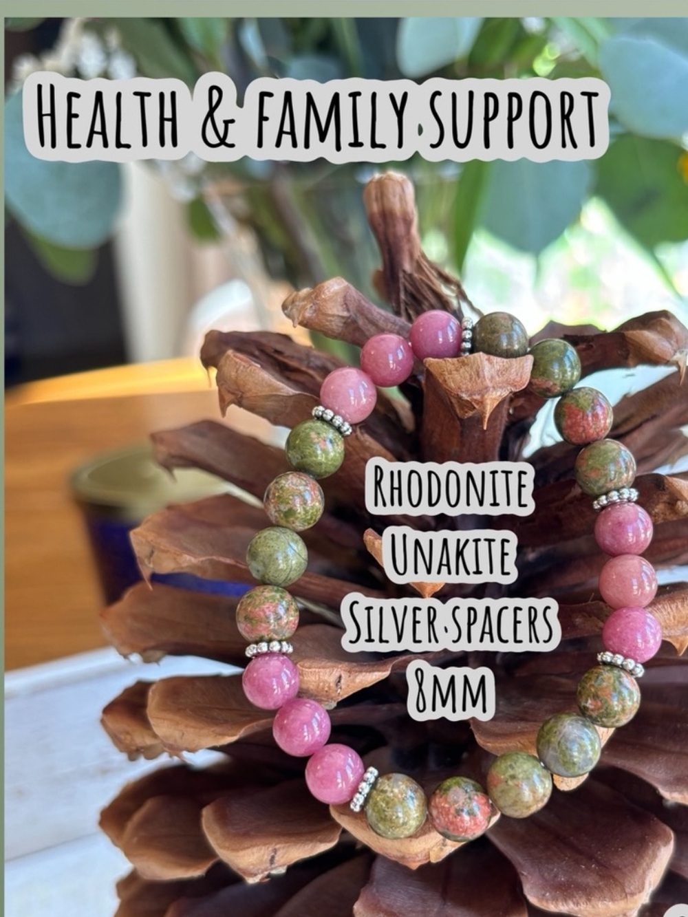 “Health & Family •  Rhodonite and Unakite Crystal Bracelet 8mm NEW • Autumn